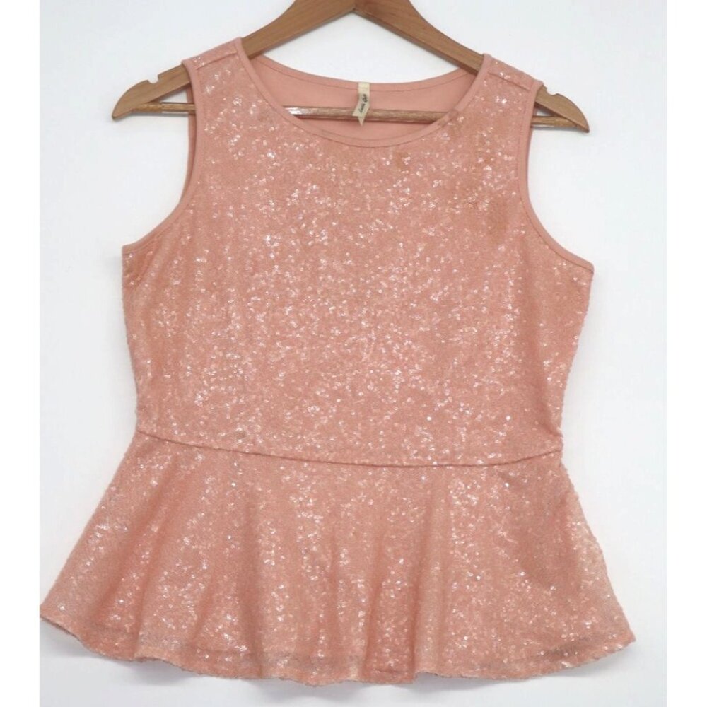 Latin Quarters Womens Pink Sequin Sleeveless Peplum Top Large Shimmering Party
